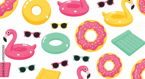 Summer pool float vector pattern with flamingo, donut, sunglasses, and inflatable rings seamless design