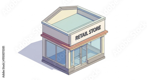 Isometric illustration of a retail store building with glass windows and a flat roof.