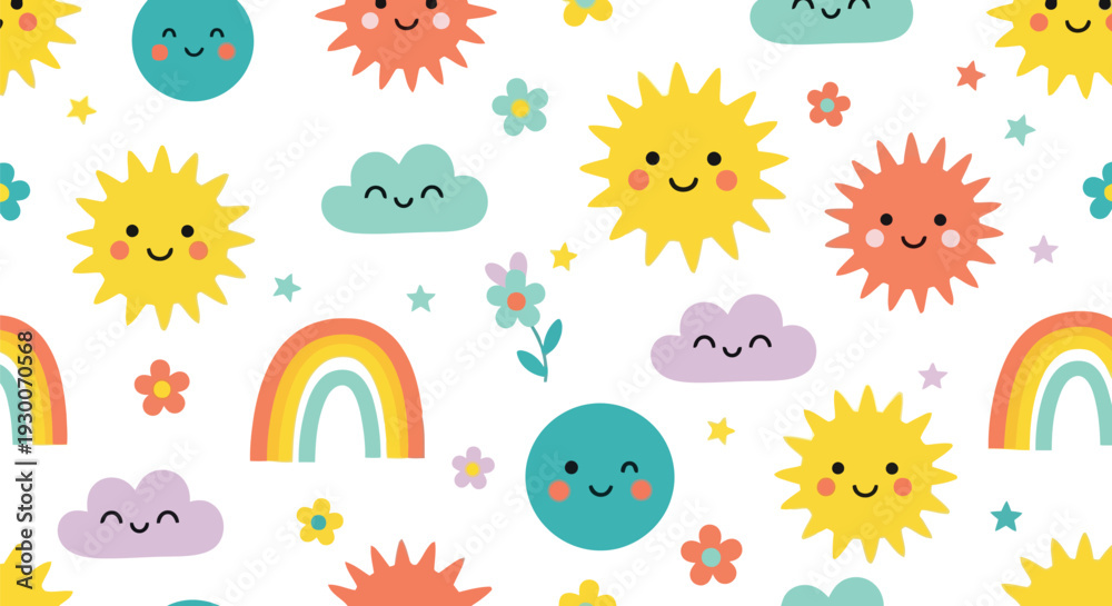 Fototapeta premium Cute Sun Rainbow Cloud Vector Pattern Seamless Kids Cartoon Background for Nursery Decor