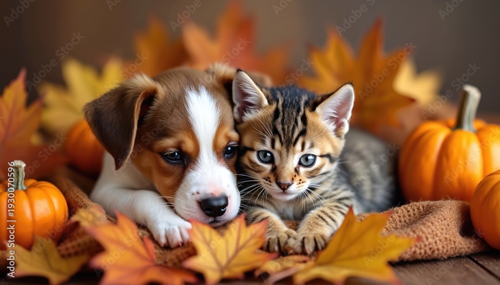 custom made wallpaper toronto digitalPuppy and kitten cuddle together amidst autumn leaves and pumpkins. Small dog and cat friends rest on cozy blanket. Seasonal fall background with small gourds.