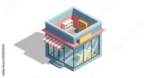 Isometric view of a modern shop with glass windows and a striped awning, showcasing a welcoming design.