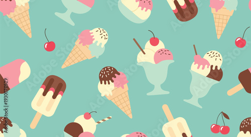 Ice Cream Vector Pattern with Popsicles and Sundaes on Blue Background for Summer Designs