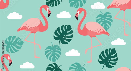 Tropical Flamingo Vector Pattern with Palm Leaves and Clouds on Blue Background