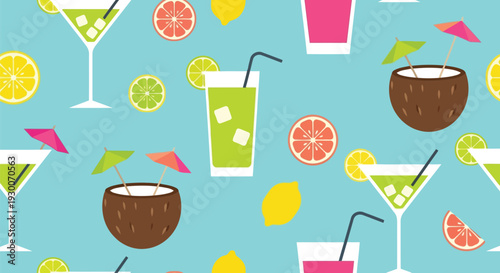 Summer cocktail drinks seamless vector pattern with citrus fruits and tropical beverages