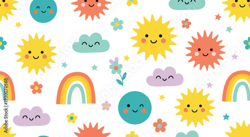 Cute Sun Rainbow Cloud Vector Pattern Seamless Kids Cartoon Background for Nursery Decor