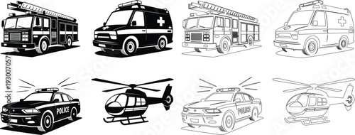 Emergency response vehicles and aircraft in black and white line and silhouette