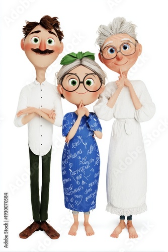 Animated family trio: father, daughter, and grandmother with expressive faces and unique outfits