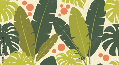 Tropical banana leaves seamless vector pattern with monstera foliage and retro colors