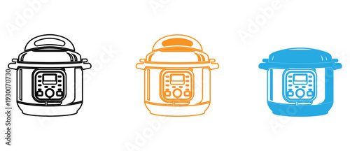 Comparison of three different types of instant pot pressure cookers in various colors isolated on transparent background, Vector