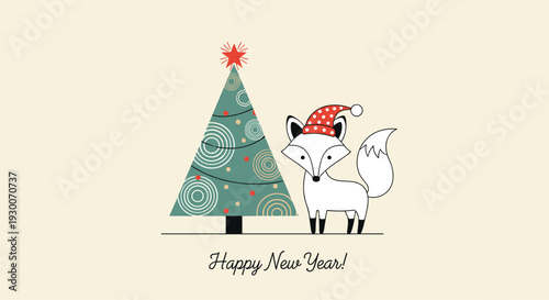 Festive New Year card featuring a green decorated Christmas tree and a cute white fox wearing a red polka dot Santa hat.