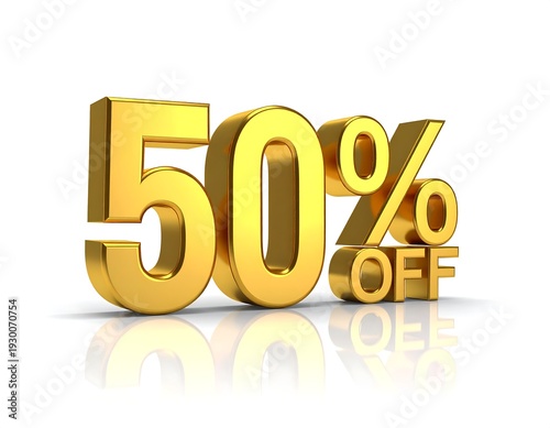 Gleaming golden numerals, spelling out a fifty percent reduction, placed against a stark white background with reflections