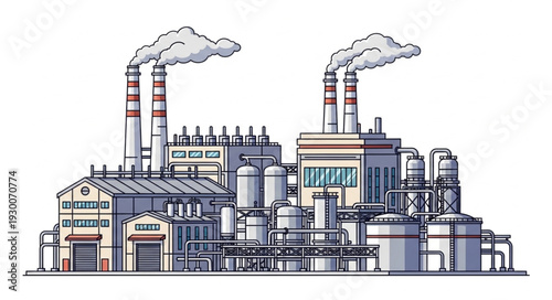 Complex industrial factory with multiple chimneys and processing units, emitting smoke.