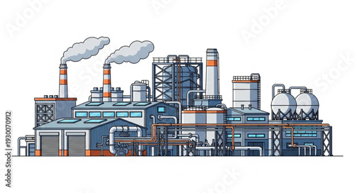 Complex industrial factory with smokestacks emitting pollution into the atmosphere, representing environmental concerns.