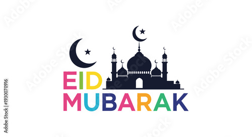 A colorful eid mubarak greeting featuring a mosque and crescent moons in dark silhouette high quality professional detailed