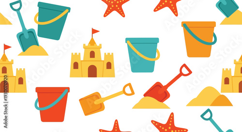 Beach sandcastle vector pattern with colorful buckets, shovels, and starfish seamless background