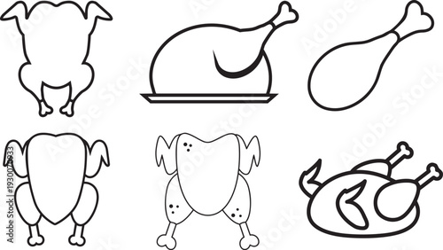 Culinary Chicken Sketches: A set of detailed black line illustrations showcase a variety of chicken preparations, from a whole roasted fowl to individual drumsticks.