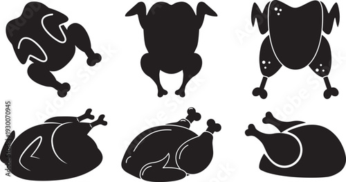 Roast Chicken silhouettes: A set of six elegant black silhouettes of succulent roast chicken, each artfully posed to evoke a sense of culinary delight and tempting flavors. 