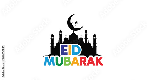 A vibrant eid mubarak greeting featuring a city skyline and crescent moon silhouette high quality professional detailed modern