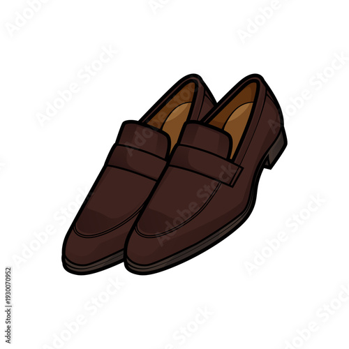 Colored vector illustration of a pair of brown penny loafer leather shoes from an angled perspective. Features realistic shading. Perfect for formal menswear, retail catalogs, and fashion editorial.