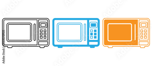 Three different microwave oven designs illustrated in a simple line art style isolated on transparent background, Vector