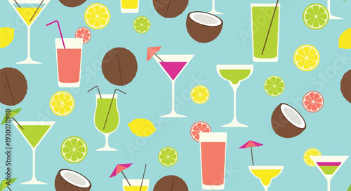 Summer cocktail drinks seamless vector pattern with tropical fruits and refreshing beverages