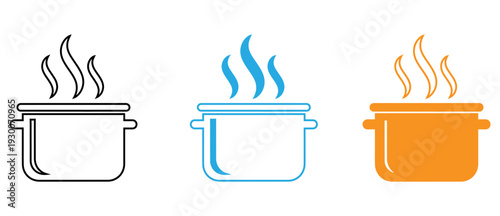 Three stylized icons of pots with steam rising from them in different colors isolated on transparent background, Vector