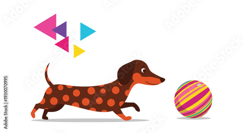 Playful brown dachshund dog with orange polka dots running towards a brightly colored striped toy ball with abstract triangles above.
