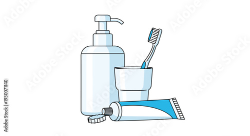 Collection of bathroom hygiene items featuring a white liquid soap pump bottle, a toothbrush in a cup, and a tube of blue toothpaste.