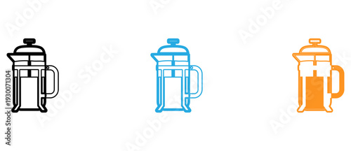 Three different styles of french press coffee makers shown in a comparative layout isolated on transparent background, Vector