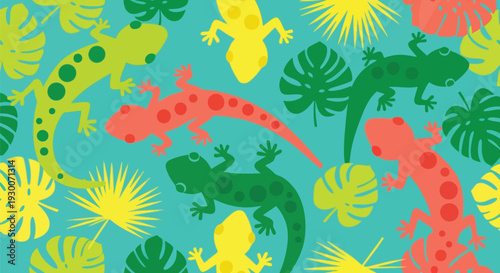 Tropical Gecko Vector Pattern with Colorful Lizards and Jungle Leaves Seamless Background