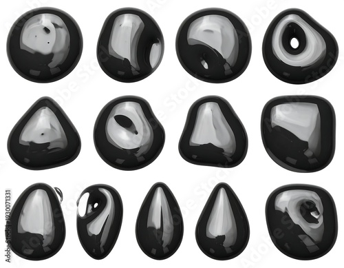 Glossy, black, amorphous shapes with reflective surfaces float against a white backdrop, demonstrating varied forms