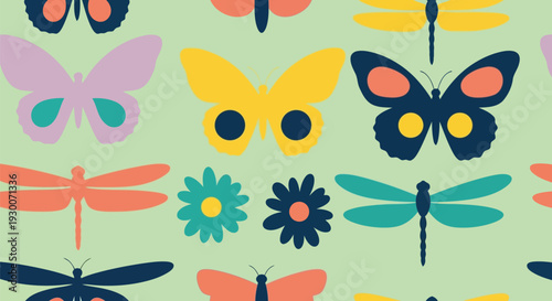 Colorful butterfly and dragonfly vector pattern with floral elements on pastel background