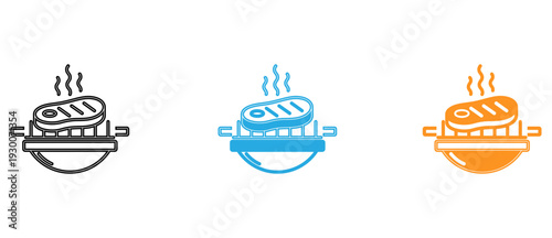 Three stylized icons depicting different cooking methods with grills and pots isolated on transparent background, Vector