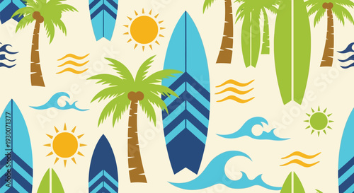 Summer beach vector pattern with surfboards, palm trees, sun, and ocean waves seamless background