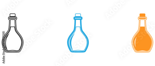 Three differently colored volumetric flask shapes displayed side by side isolated on transparent background, Vector