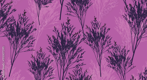Vibrant seamless pattern featuring dark purple silhouettes of bushy trees and branches on a bright magenta pink background.