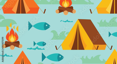 Camping vector pattern with tents, campfires, and fish in seamless outdoor adventure design
