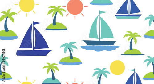 Tropical summer sailboat vector pattern with palm trees, islands, and sun seamless background