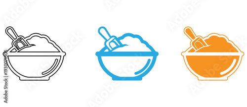 Three bowls of soup with different visual styles and toppings isolated on transparent background, Vector