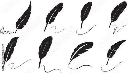 Feather Writing Collection: A selection of elegantly designed quill pens, each leaving a unique stroke, symbolizes creativity and the art of expression.