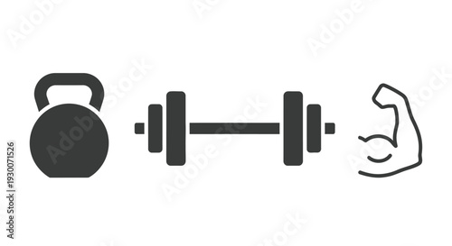 Black silhouette icons of a kettlebell barbell and muscular bicep