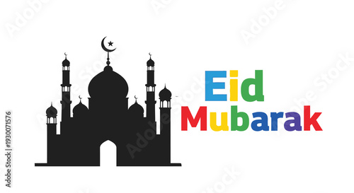 A colorful eid mubarak greeting with a detailed mosque silhouette against a white background silhouette high quality professional
