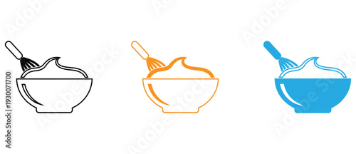 Three bowls filled with different colored soups or cereals in a row isolated on transparent background, Vector