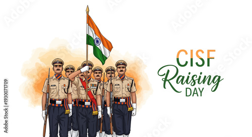 Illustration of Indian paramilitary forces celebrating CISF Raising Day with a flag and ceremonial attire, symbolizing national security awareness in India.