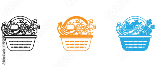Three stylized baskets representing different seasonal fruits and vegetables isolated on transparent background, Vector