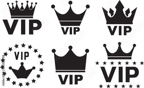 VIP Emblems and Icons: A curated collection of VIP emblems, each featuring a crown design, conveying exclusivity, status, and premium access, perfect for representing high-value experiences.