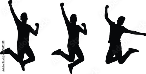 Three dynamic silhouettes of person leaping mid-air with raised arm, capturing joyful motion, triumph, celebration, energy, freedom, success