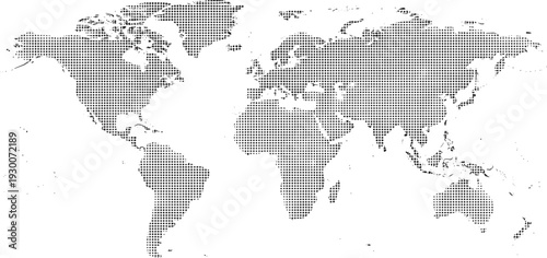 Stylized halftone world map of continents, composed of evenly spaced black dots, abstract minimalist design, modern artistic geographic visualization