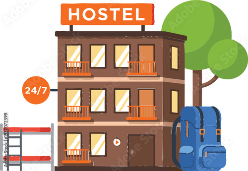 Hostel Building with Bunk Beds, Backpack, and 24/7 Service in Modern Style
