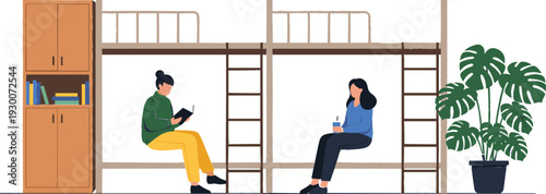 Shared Bedroom with Bunk Beds, Bookshelf, and Indoor Plant in Modern Style